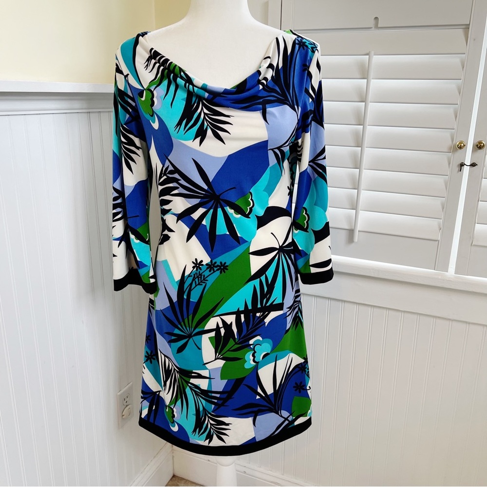Maiko Multicolor Black & Blue Drape Neck Shift Dress Size Small